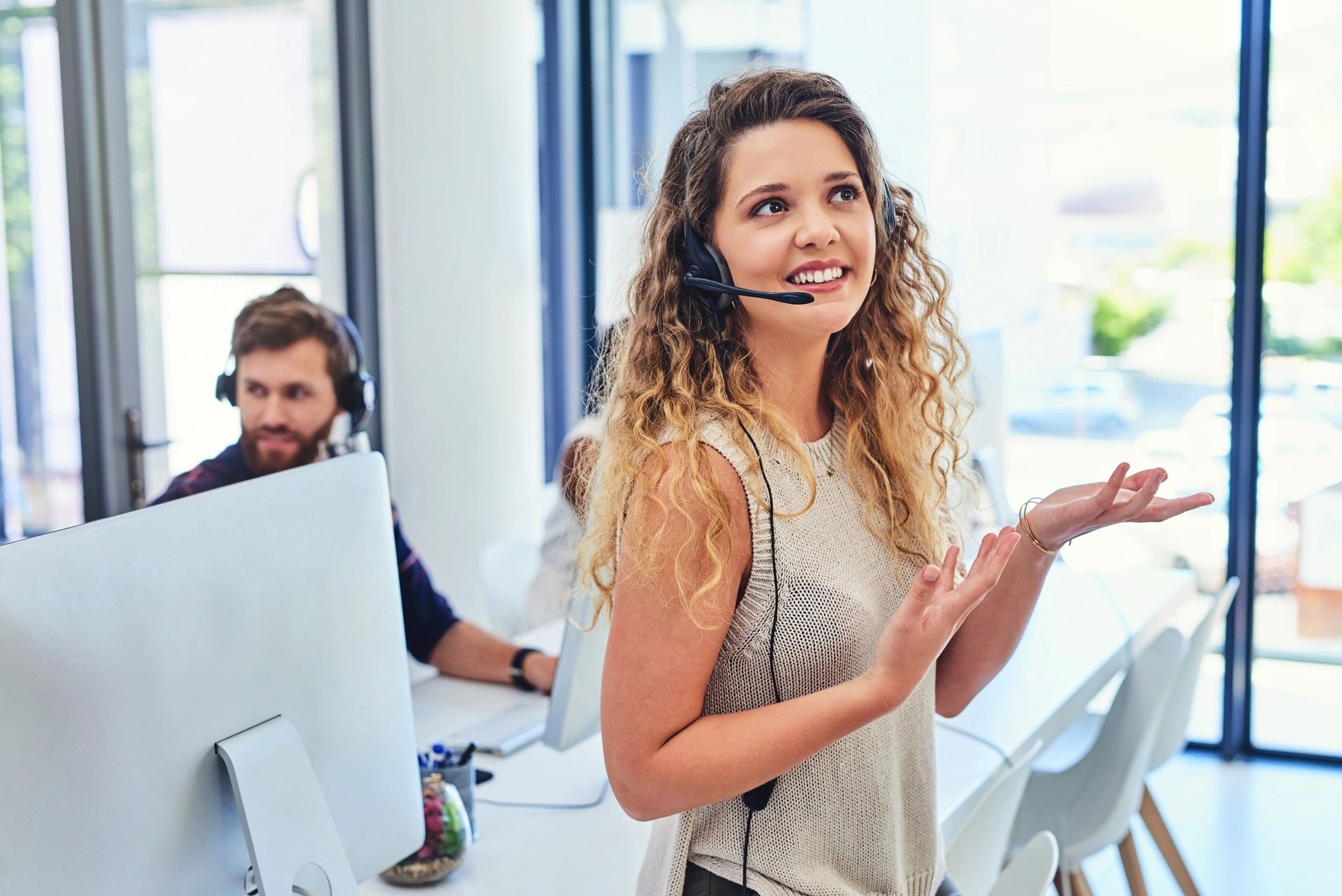 Professional customer support representative on a phone call
